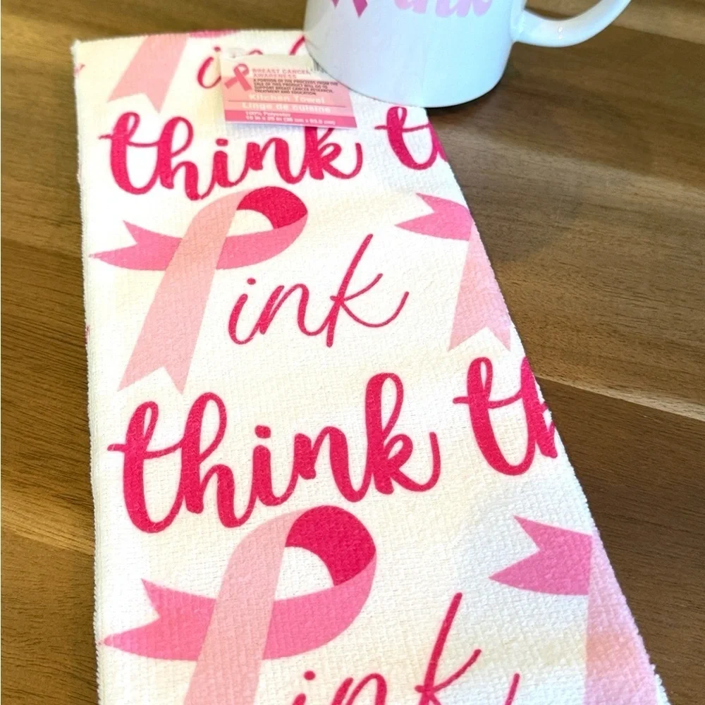 Think Pink Breast Cancer Awareness Kitchen Towel Coffee Mug Set New